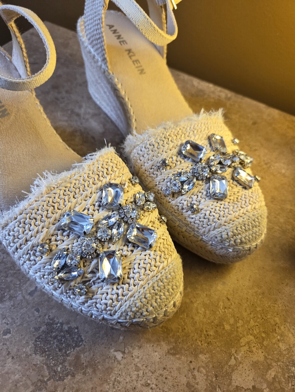 💎Anne Klein Cream Woven Espadrille Wedge Sandals with Crystal Accent